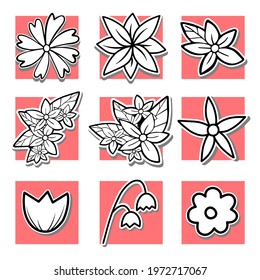 Set of black line flowers and leaves on white silhouette and gray shadow. Hand drawn cartoon style. Doodle for decoration or any design. Vector illustration of nature flower.