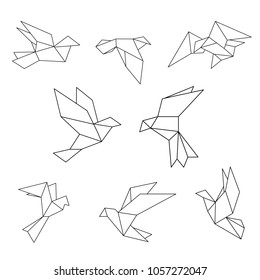 Set of black line geometric dove. Vector illustration. 