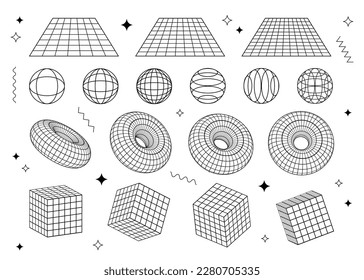 Set of black line graphic elements, polygonal models of geometric forms, wireframe vector models.