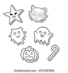 Set of black line halloween elements on white silhouette and gray shadow. Hand drawn cartoon style. Doodle for decoration or any design. Vector illustration of holiday.