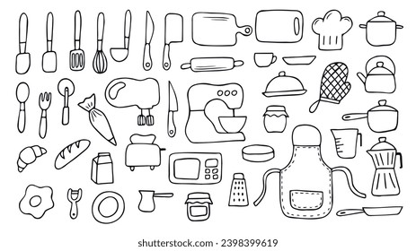  set of black line hand draw cooking doodle, baking and kitchen tools elements 