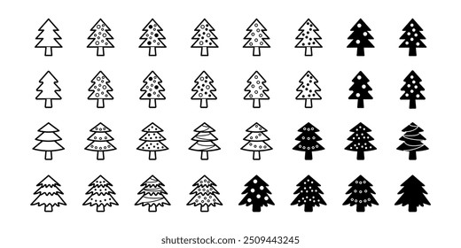 Set black line icon of Christmas trees for Merry Christmas and Happy New Year. Vector Isolated pine tree. Design element for the winter holiday.
