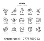 Set of black line icons about honey and beekeeping on white background. Editable stroke.
