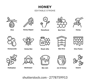 Set of black line icons about honey and beekeeping on white background. Editable stroke.