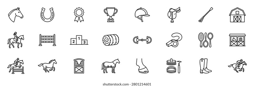 Set of black line icons about horse riding and equestrian sport with stable elements and accessories on transparent background