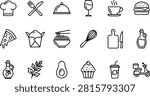 A set of black line icons depicting various food items and cooking utensils on a transparent