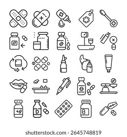 Conjunto de ícones de linha preta representando vários itens médicos e de farmácia.