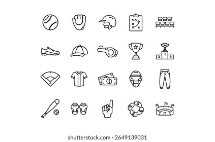 Set of black line icons depicting various baseball equipment, accessories, and concepts.