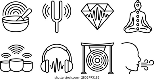 A set of black line icons depicting various sound healing and meditation symbols, including a singing bowl, tuning fork, diamond with sound waves, meditating person, drums, headphones, gong, and a hum