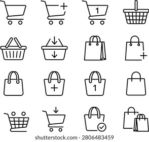 A set of black line icons depicting various shopping carts and bags in different styles, isolated on white background, for e-commerce and retail use