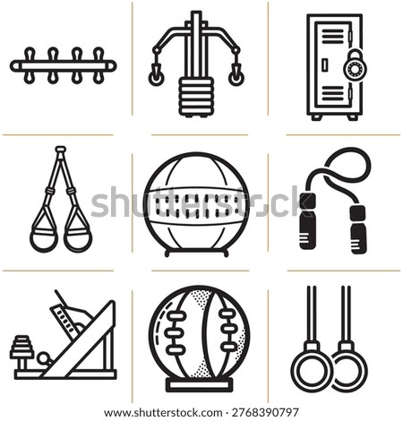 A set of black line icons depicting various gym and fitness equipment, including punching bags, a safe, a rugby ball, and more, all isolated on white background
