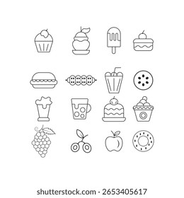 set of black line icons of desserts, drinks, and fruits in minimal style on white background, perfect for food-related designs