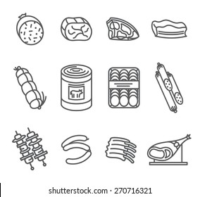 Set of black line icons with meat products