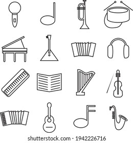 set of black line icons on white background musical instruments