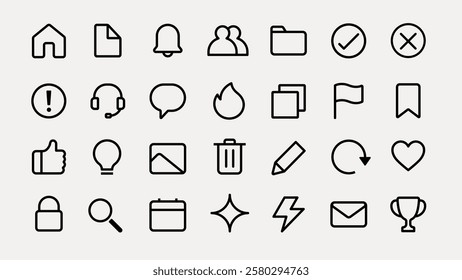 Set of black line icons on a white background. Includes home, folder, chat, and more. Perfect for apps, websites, and interfaces. Simple and versatile icons. User interface icons, UI icon vector set.