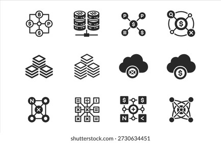 Eine Reihe von schwarzen Liniensymbolen auf weißem Hintergrund, die Netzwerk- und Sicherheitskonzepte darstellen, einschließlich Verbindungen, Datenspeicherung, Wolken und Sicherheitssymbolen.