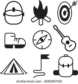 Set of black line icons representing outdoor tourism, camping, hiking, and adventure concepts, including fire, compass, tent, and backpack