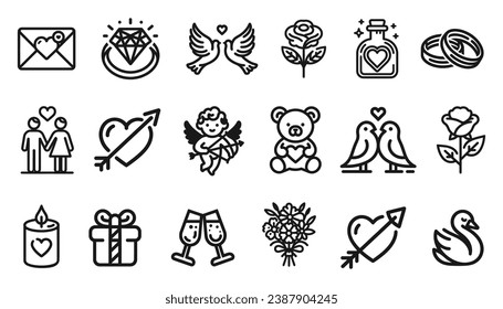 set of black line icons representing love and romance, hearts, rings, doves and romantic symbols on a white background. Vector illustration