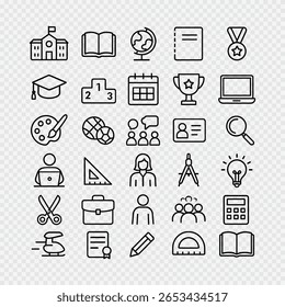 Set of black line icons representing various education, school, and learning elements including books, awards, and classroom objects