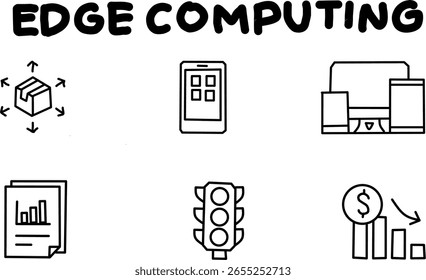 Conjunto de iconos de línea negra que representan conceptos de computación perimetral como dispositivos IoT, gráficos de datos, control de tráfico y procesamiento descentralizado. Ideal para temas de tecnología, TI y automatización.