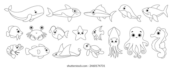 Set of black line icons of Sea Animals Stickers.