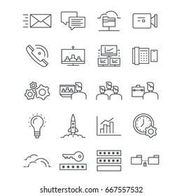 Set of black line icons. IT technology, office, business, productivity, data exchange, devices, startup, freelancer, communications, calls