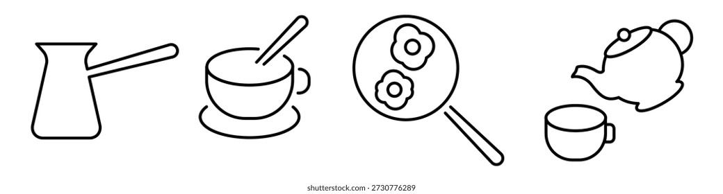 Conjunto de iconos de cocina y bebida de línea negra que incluyen cafetera, taza con cuchara, sartén, tetera y taza. Símbolos de contorno mínimo aislados sobre fondo blanco.