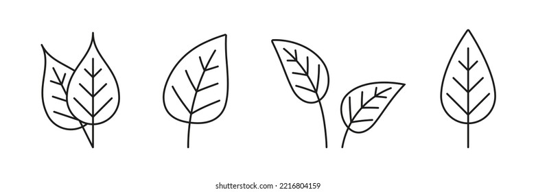 Set black line leaf icons on white background