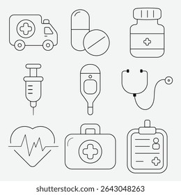 Set of black line medical icons on a light gray background, including ambulance, pills, syringe, stethoscope, heart monitor, and first aid kit, in a minimal, modern style.