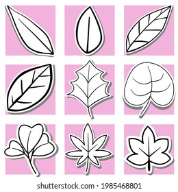 Set of black line nine leaves on white silhouette and gray shadow. Hand drawn cartoon style. Doodle for decoration or any design. Vector illustration of nature.