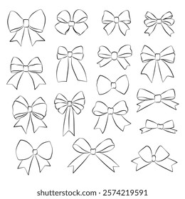 Set of black line ribbon bow illustrations in various styles. Ideal for design, crafting, gift wrapping, and decoration projects. Simple and elegant outline designs.