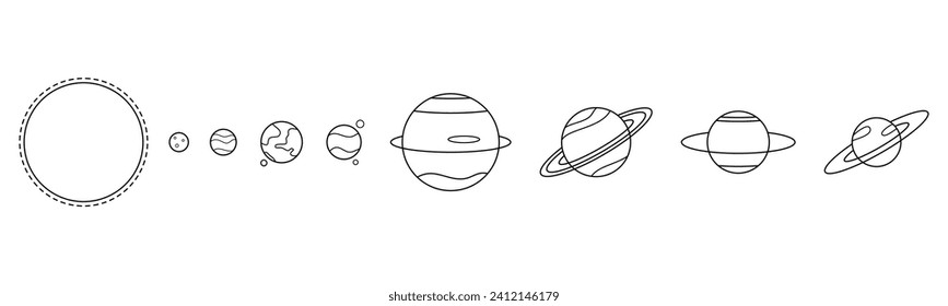 Set black line solar system planet stars outline icon vector design