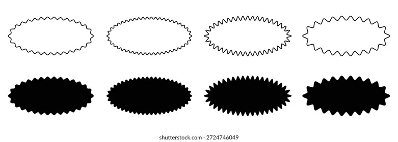Conjunto de línea negra y estallido estelar sólido. Etiqueta engomada de la venta, etiqueta de Precio, conjunto de iconos de starburst. Marca de calidad, estrellas retro, venta o descuento. Ilustración vectorial.