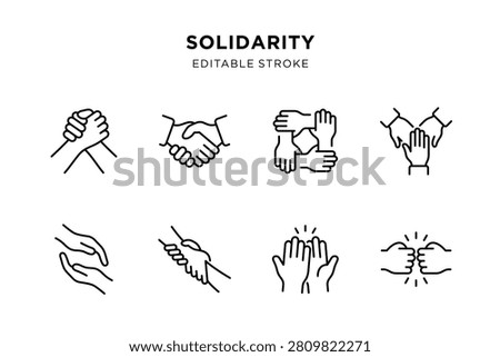 Set of black line solidarity hand icons on white background, showing teamwork, support, unity and cooperation. Editable stroke.