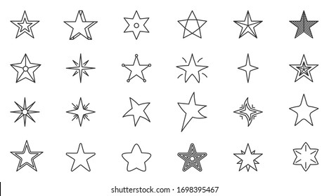 Set of black line star icon. Template stars shape. Simple empty outline for tatto, app, game. Symbol starry magic, night sky. Decoration element for christmas or birthday. Isolated vector illustration