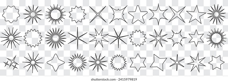Set of black line star icon. Template stars shape. Simple empty outline for tatto, app, game. Symbol starry magic, night sky. Decoration element for christmas or birthday. Isolated vector illustration