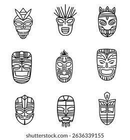 Set black line tribal masks vector flat isolated, vintage golden form