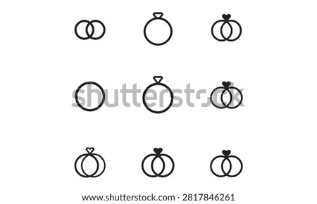 Set of black line vector engagement and wedding ring icons.