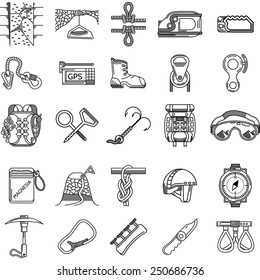 Set of black line vector icons for equipment and outfit for rock climbing, alpinism, mountaineering on white background for your site.