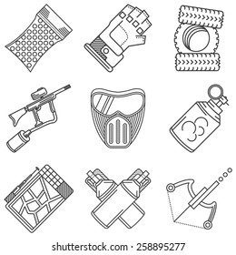 Set of black line vector icons for paintball. Set of black flat line vector icons for paintball equipment and accessory on white background. 