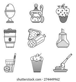 Set of black line vector icons for breakfast menu on white background