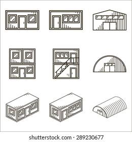 Set of black line vector icons for modular buildings on white background.