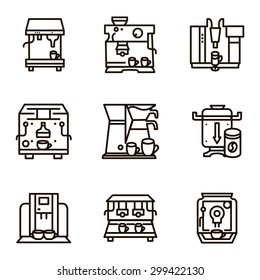 Set of black line vector icons for coffee machines. Selling of equipments for cafe, restaurants and cafeteria for business and website