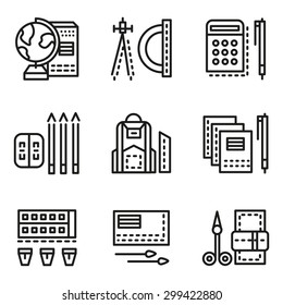 Set of black line vector icons for school accessories. Geography globe, pencils, paints palette and other items for business and website
