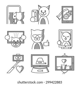 Set of black line vector icons for selfie lifestyle. Modern lifestyle with selfie, life moments photo and other for website or mobile app
