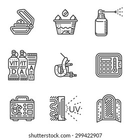 Set Of Black Line Vector Icons For Tattoo Procedure And Care. Creams, Disinfection Spray, Sterilisation Equipment And Other Objects For Tattoo Parlor For Business And Website