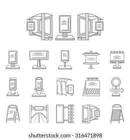 Set of black line vector icons for elements of outdoors advertising. Billboards, bus station advert, road ad boards and other samples for business and web design.