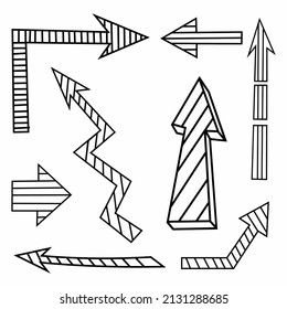 A set of black linear arrows, hand-drawn pointers on a white background.Vector illustration