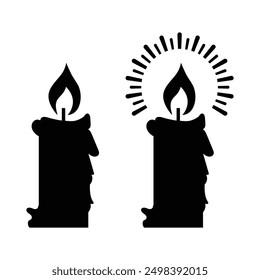 Conjunto de siluetas de velas lineales negras para la religión conmemorativa y el icono del partido. Velas flameando colección plana símbolo. Icono de vela. Ilustración vectorial.