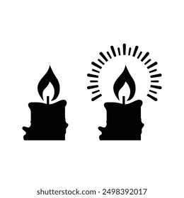 Conjunto de siluetas de velas lineales negras para la religión conmemorativa y el icono del partido. Velas flameando colección plana símbolo. Icono de vela. Ilustración vectorial.